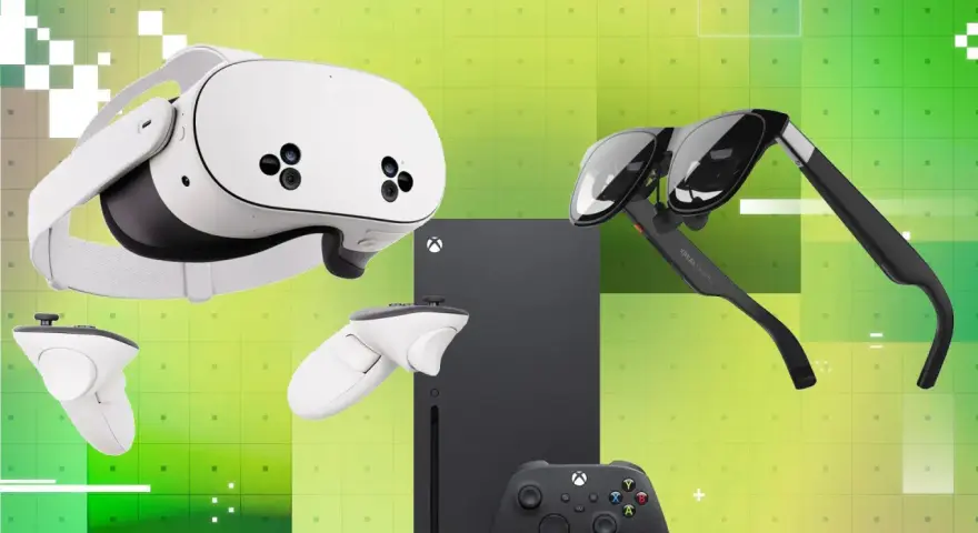 Gogle VR, okulary AR i kontrolery obok konsoli Xbox Series X. Przyszłość gier wirtualnych i rozszerzonych.