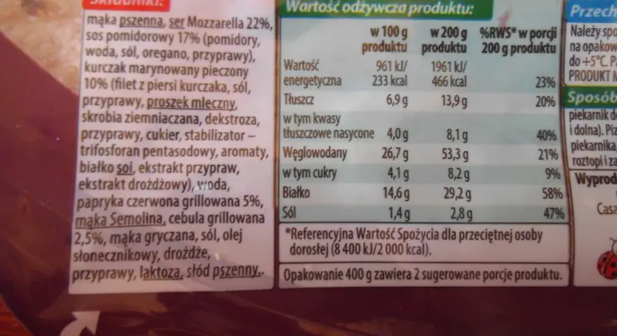 Pizza z kurczakiem Biedronka: 466 kcal w porcji 200g. Składniki: ser, kurczak, papryka, cebula. Idealna na szybki obiad.