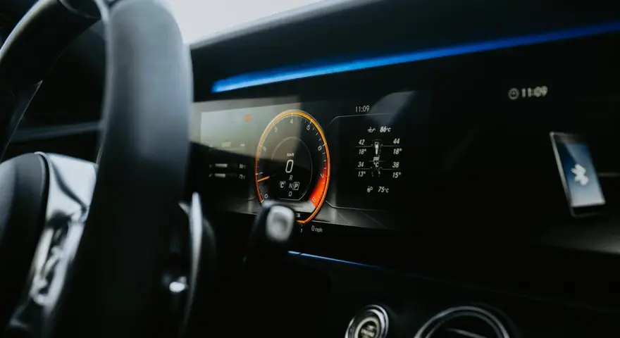Cyfrowy kokpit pokazuje 0 km/h, wskazując na falujące obroty na zimnym silniku diesel. Wskaźniki temperatury i ciśnienia są widoczne.