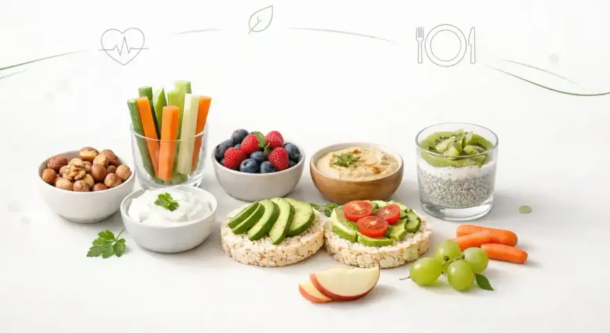Zdrowe przekąski: warzywa pokrojone w słupki, owoce jagodowe, hummus, ryżowe wafle z awokado i pomidorkami, deser chia z kiwi, orzechy i jogurt.