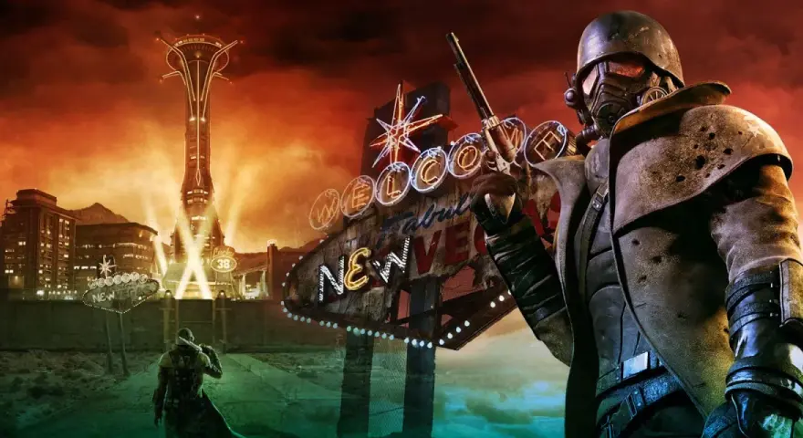 Postapokaliptyczny pustynny krajobraz z neonowym znakiem "Welcome to Fabulous New Vegas" i wieżą Lucky 38. W kadrze żołnierz w pancerzu, gotowy do walki, jak w Fallout New Vegas 2.