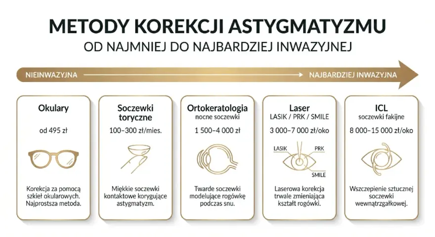 Metody korekcji astygmatyzmu: okulary, soczewki, ortokorekcja, laser, ICL. Od najmniej do najbardziej inwazyjnej, zależnie od wieku i potrzeb.