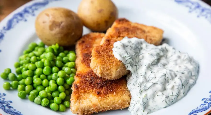 Panerad fisk med kokt potatis, gröna ärtor och en krämig skolans dillsås.