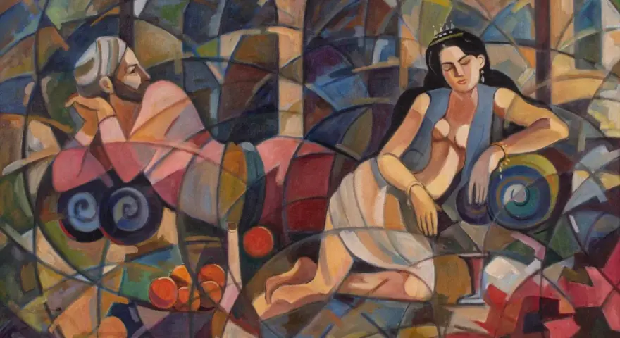 Un homme et une femme dans un décor géométrique, dans le style d'un peintre cubiste.