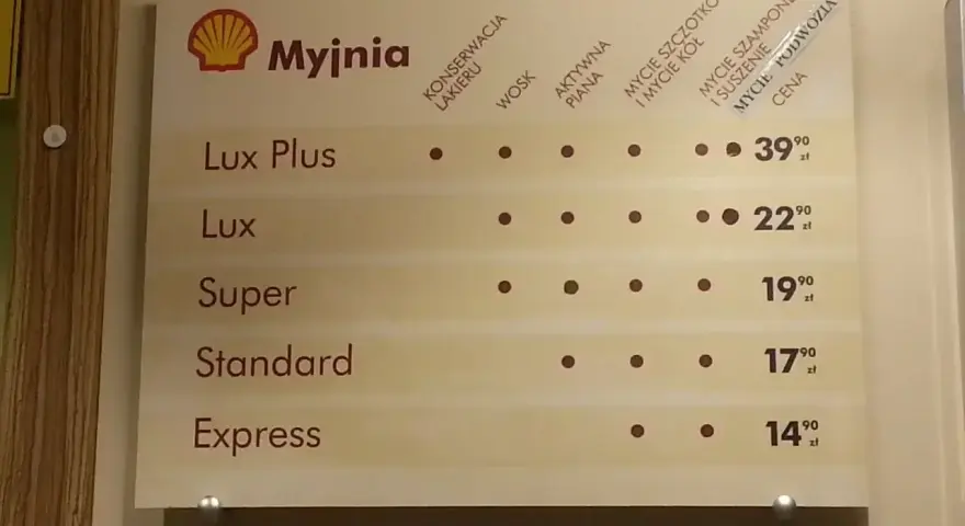 Cennik myjni automatycznej Shell: ile kosztuje mycie samochodu? Od 14,90 zł za Express do 39,90 zł za Lux Plus.