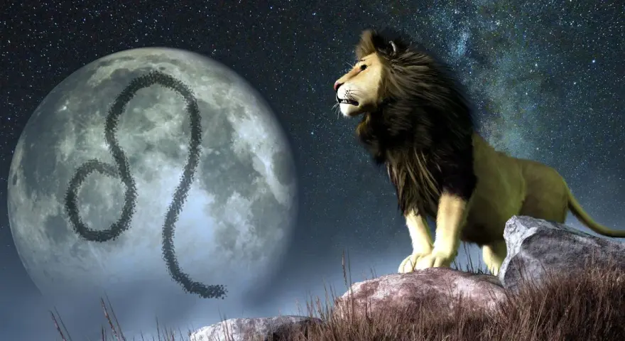 Lew na tle księżyca z symbolem Lwa. Nocne niebo pełne gwiazd. Ascendent w Lwie.