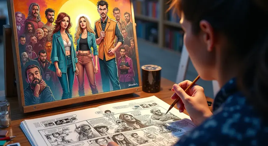 Artysta rysuje komiks, patrząc na kolorowy szkic postaci na sztaludze.