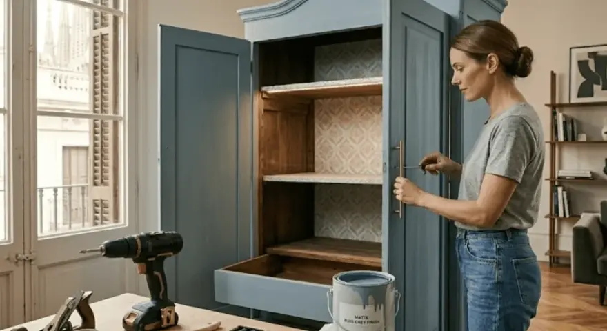 Mujer restaurando muebles antiguos, pintando un armario azul con detalles de papel tapiz. Herramientas y pintura a la vista.