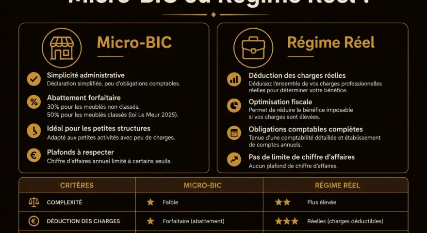 Comparaison entre le micro-BIC et le régime réel pour les entreprises. Le micro-BIC offre simplicité et forfait, idéal pour les petites structures. Le régime réel permet déduction des charges réelles.