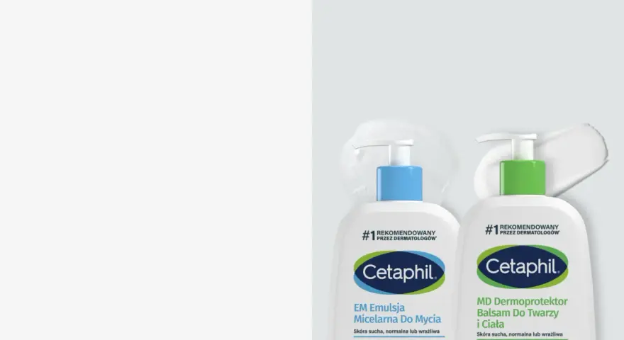 Dwa produkty Cetaphil: emulsja micelarna i balsam. Oba polecane przez dermatologów dla skóry suchej, normalnej lub wrażliwej.