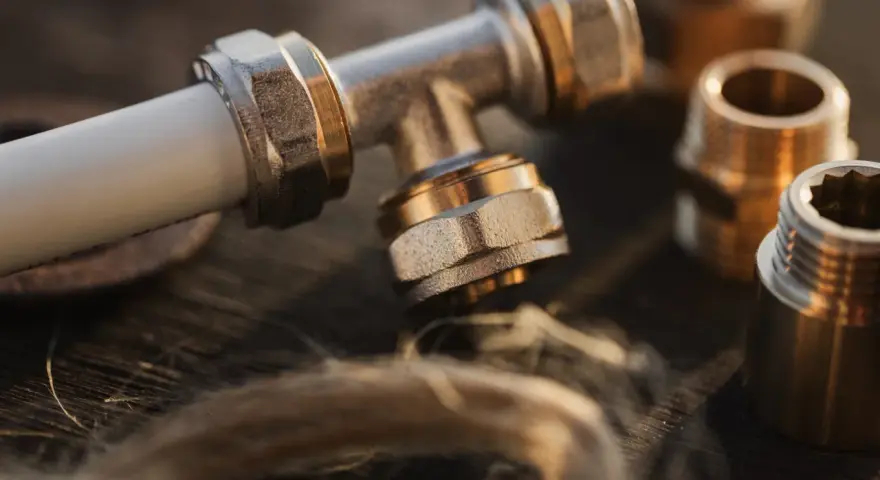 Metalowe złączki hydrauliczne, w tym trójnik i nypel, leżą na drewnianym blacie obok pęczka lnu.