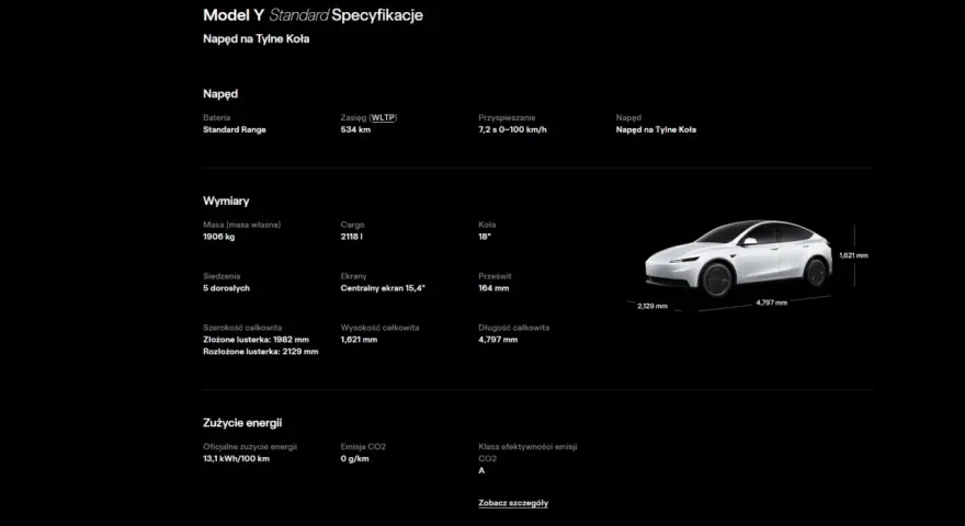 Tesla Model Y Standard: wymiary 4797 mm (długość), 2129 mm (szerokość z lusterkami), 1621 mm (wysokość).