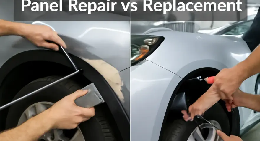 Split image shows auto body damage repair on the left and panel replacement on the right.