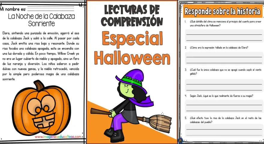 Lecturas de comprensión especial Halloween: una calabaza sonriente ilumina la noche. Actividad para practicar la comprensión lectora.