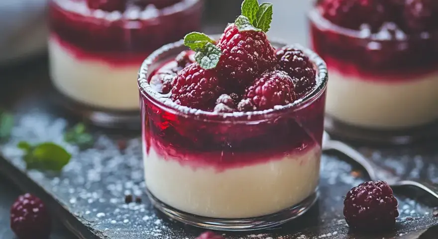 Tre läckra panna cotta i glas, toppade med hallon och mynta. Pudrade med florsocker.