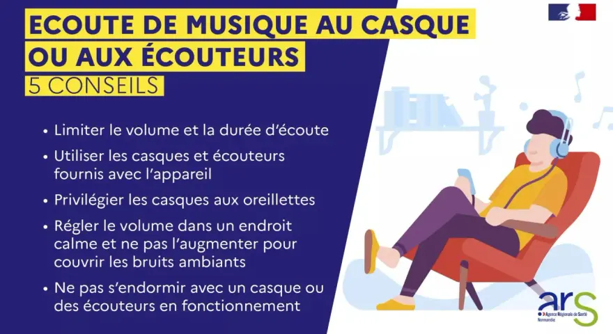 Un jeune homme écoute de la musique au casque, détendu dans un fauteuil. Conseils pour ne pas entendre trop bien et protéger son audition.