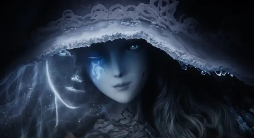 Ranni, la bruja de Elden Ring, con un velo helado y ojos brillantes, envuelta en energía cósmica.