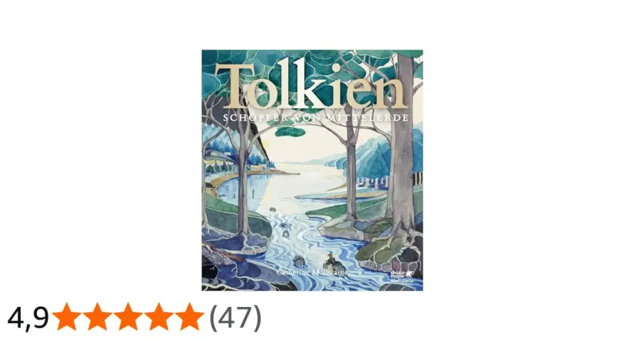Gemälde mit dem Titel "Tolkien Schöpfer von Mittelerde" zeigt eine Flusslandschaft mit Bäumen und einem Boot.