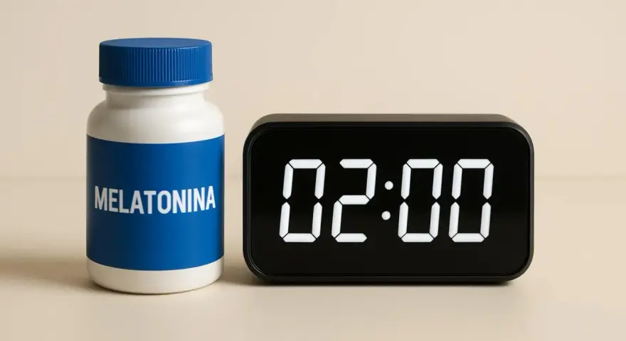 Flacone di melatonina accanto a un orologio digitale che segna le 02:00.
