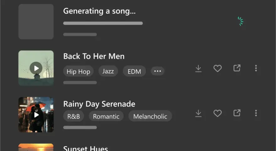 Generowanie piosenek, w tym "Rainy Day Serenade" i "Back To Her Men", idealnych do słuchania, gdy tęsknisz za kimś po angielsku.
