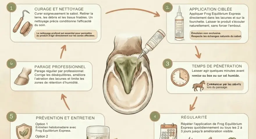 Routine pour une fourchette pourrie de cheval au pré : nettoyage, application ciblée, temps de pénétration, régularité, prévention et parage professionnel.