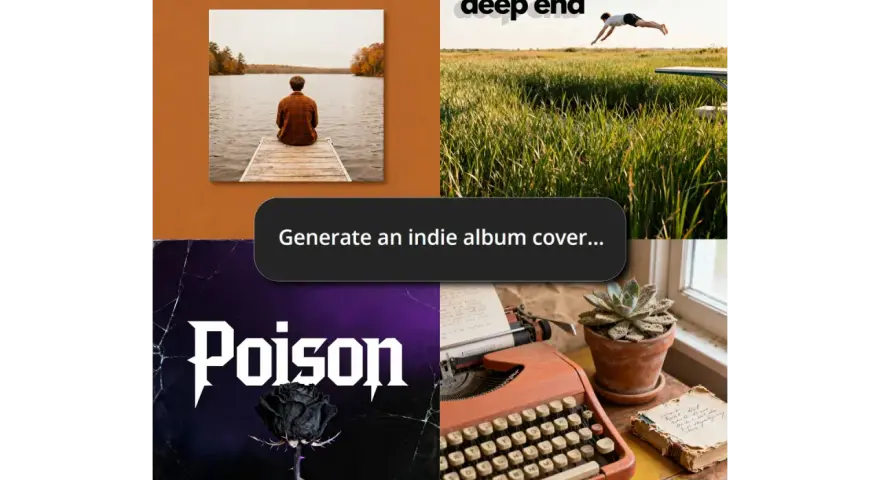 Vier Beispiele für album cover ai: Mann auf Steg, Sprung ins Gras, schwarze Rose mit "Poison", Schreibmaschine.
