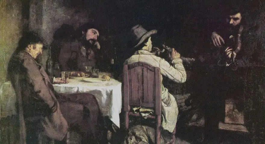 Obras de arte de Gustave Courbet: hombres reunidos en una taberna, uno toca la flauta, otro bebe, un perro duerme.