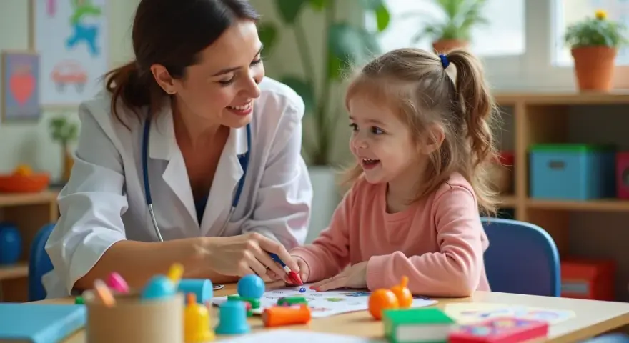 Uśmiechnięta terapeutka pedagogiczna z dzieckiem przy biurku, pełnym kolorowych materiałów do zabawy i nauki.