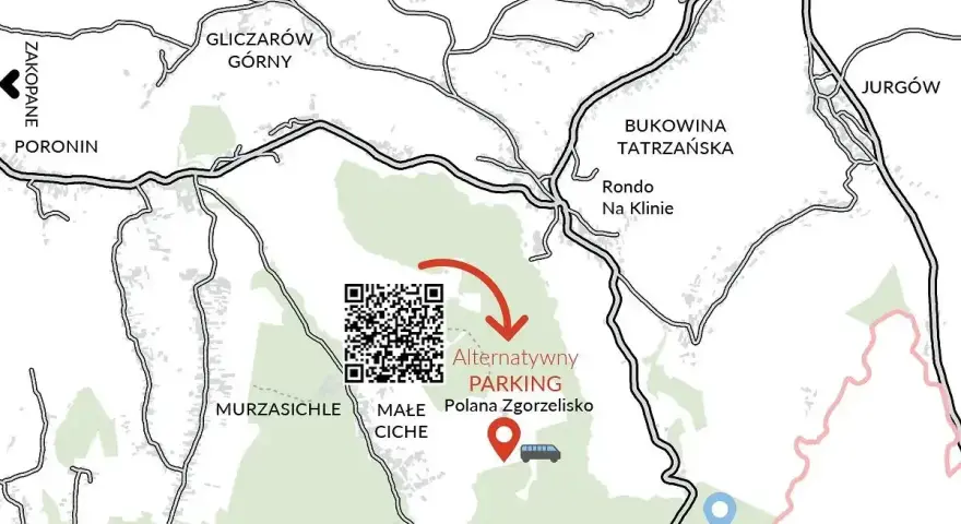 Mapa z zaznaczonymi drogami, miejscowościami (Zakopane, Bukowina Tatrzańska) i alternatywnym parkingiem.