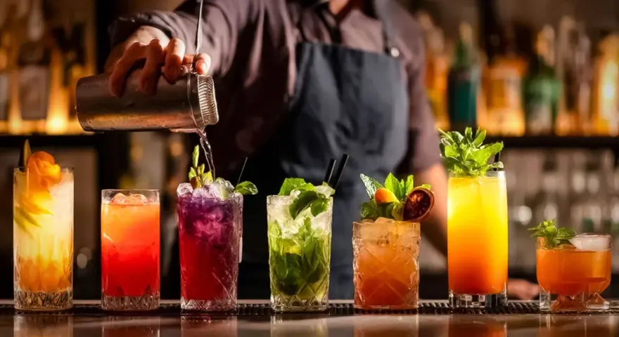 Barman przelewa drinka z shakera. Na blacie stoi rząd kolorowych koktajli, każdy ozdobiony owocami i miętą. Idealny przykład, jak zrobić dobry drink.