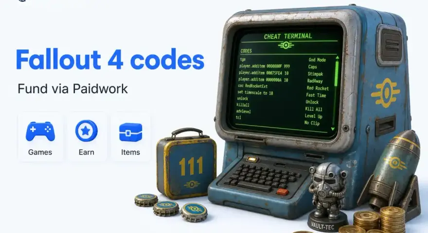Terminal de Fallout 4 mostrando códigos para "God Mode", "Caps" y más. Ideal para jugadores que buscan trucos.