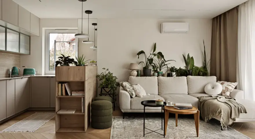 Minimalistyczne wnętrza z dużą ilością zieleni. Jasna kanapa, drewniane meble i kuchnia w neutralnych kolorach tworzą przytulną atmosferę.
