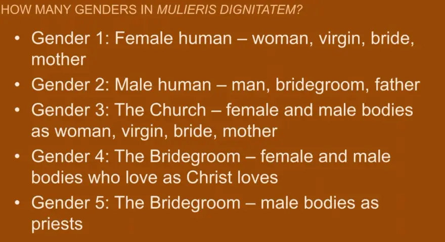 List of genders in Mulieris Dignitatem: Female human (woman, virgin, bride, mother), male human, the Church as bride, the Bridegroom, and male bodies as priests.