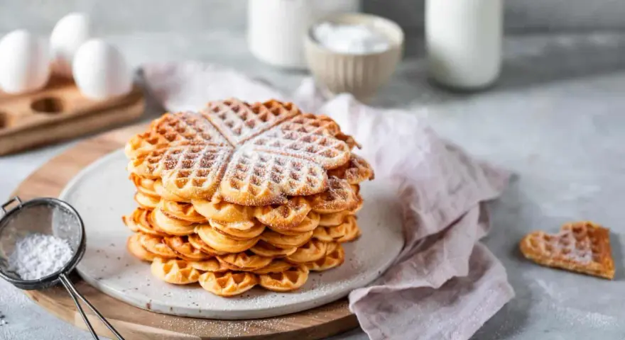 Ein Stapel Herz-Waffeln, bestäubt mit Puderzucker, bereit zum Genießen. Perfekt für ein Frühstück oder Dessert, einfach im Thermomix zubereitet.