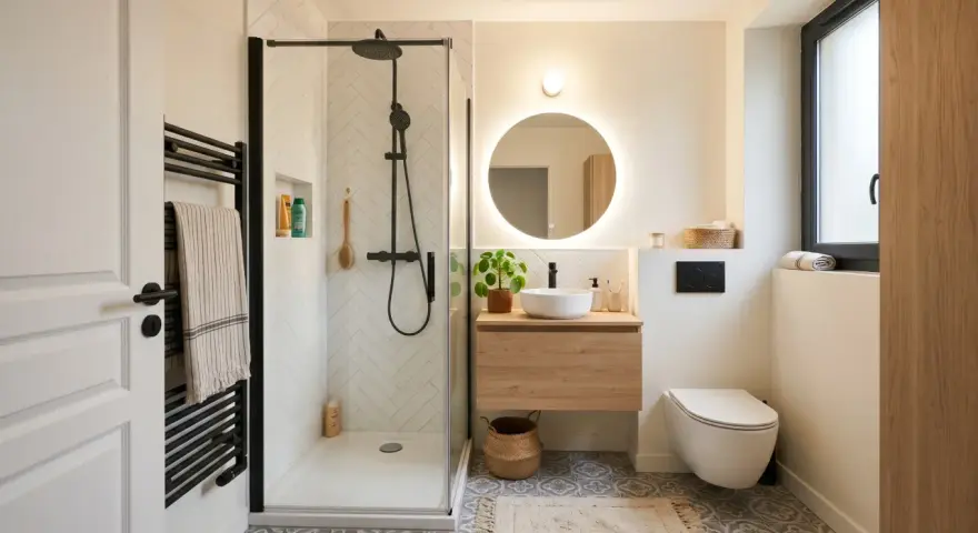 Salle de bain moderne avec douche à l'italienne aux dimensions parfaites, meuble vasque en bois, miroir rond lumineux et WC suspendu.