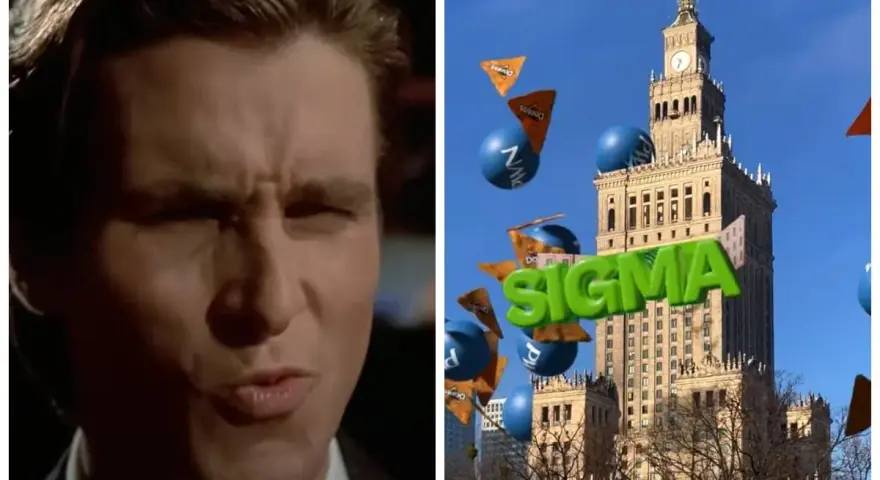 Patrick Bateman z "American Psycho" i Pałac Kultury w Warszawie, nad którym unosi się napis "SIGMA" i przekąski.