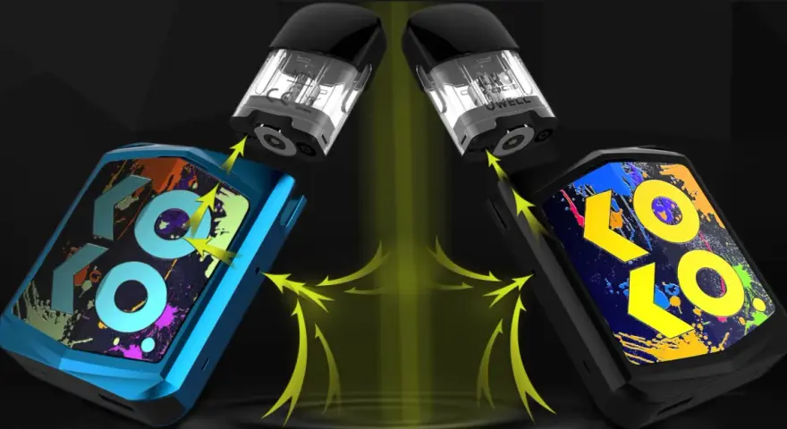 Dos dispositivos koko vape, uno azul y otro negro, con cartuchos listos para ser insertados. Flechas amarillas indican la conexión.
