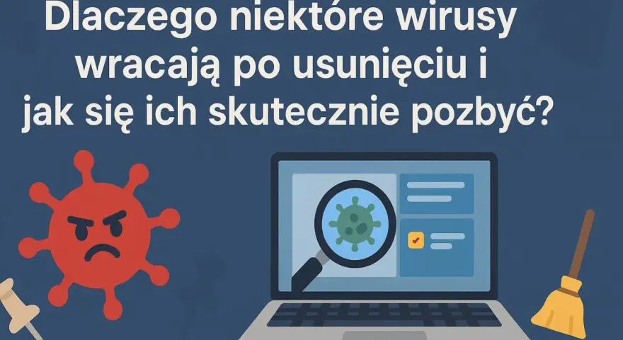 Zły wirus na ekranie laptopa, lupa bada go, a miotła czeka. Dowiedz się, co to jest wirus i jak go pokonać.