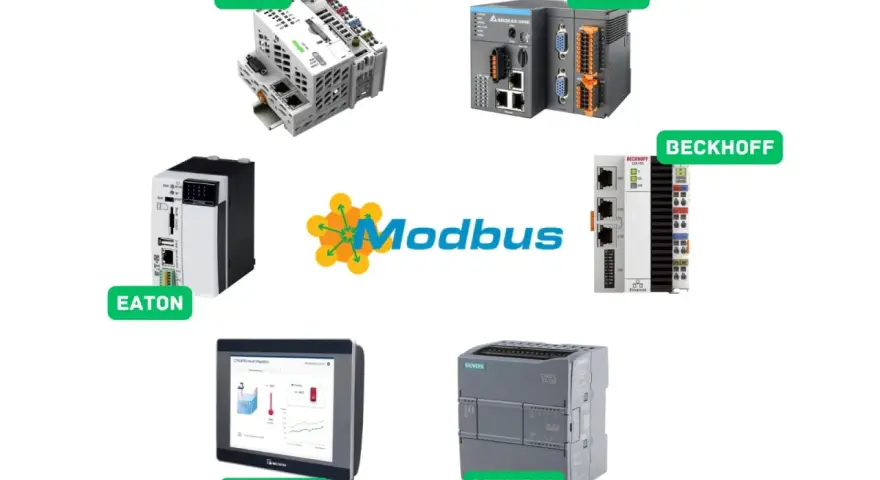 Modbus: urządzenia WAGO, Eaton, Delta, Beckhoff, Siemens i Weintek.