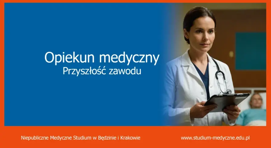 Opiekun medyczny: ile trwa nauka? Kobieta w białym fartuchu z latem trzyma dokumenty.