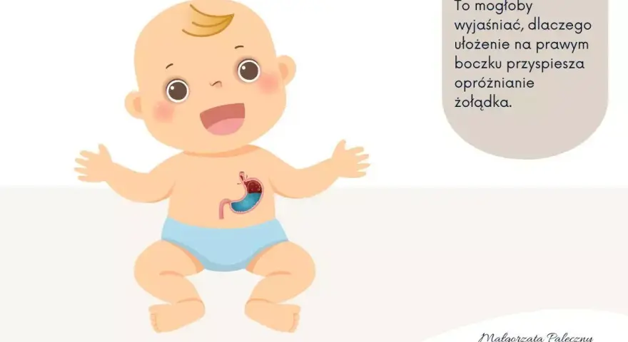 Uśmiechnięte niemowlę z widocznym żołądkiem, ilustracja wyjaśniająca problem refluksu u niemowląt i pozycję ułatwiającą trawienie.