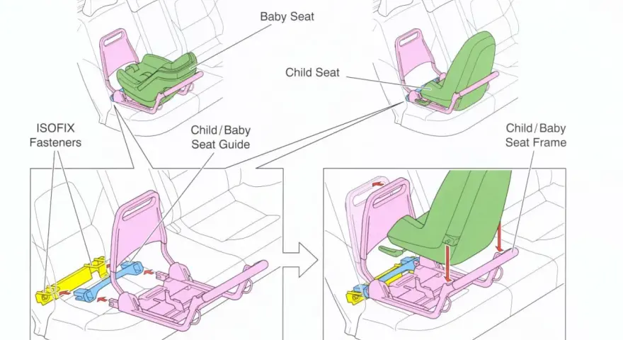 Illustrazione mostra come installare seggiolini auto per bambini con sistema ISOFIX. L'uso di ISOFIX è obbligatorio per la sicurezza.