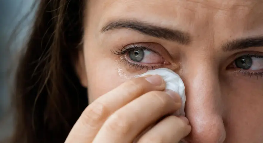 Occhi lacrimosi: una donna si asciuga le lacrime con un fazzoletto. Le cause possono essere molteplici, dal dolore alla stanchezza.
