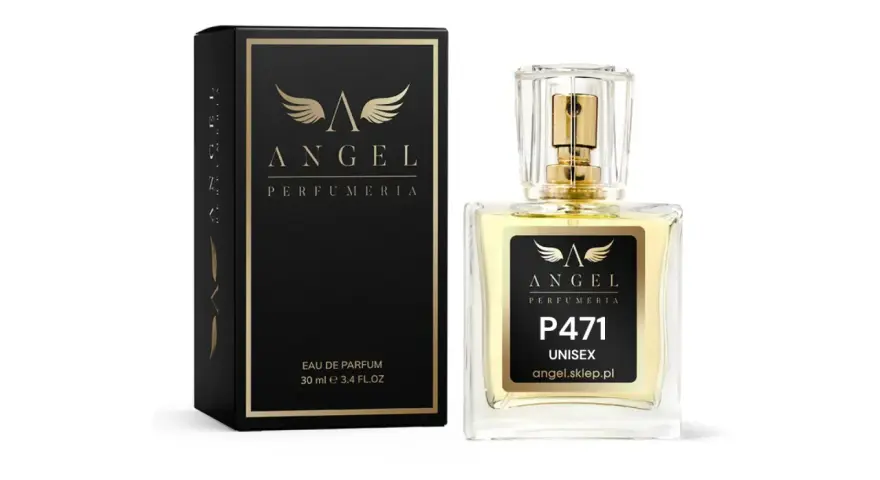 Elegancki perfum 30 ml marki Angel, P471 Unisex, w szklanym flakonie z atomizerem i czarnym, złotym pudełkiem.