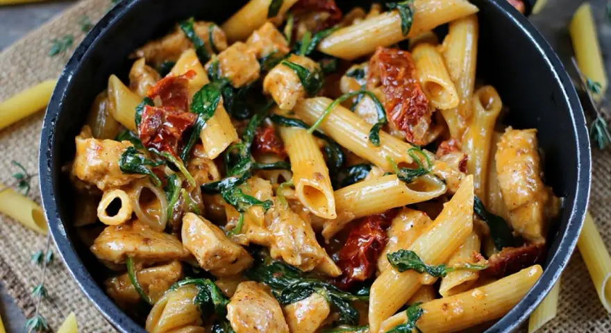Makaron penne z kurczakiem, szpinakiem i suszonymi pomidorami w sosie.