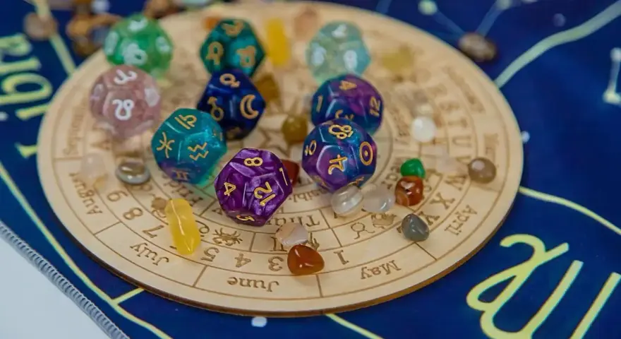 Kości z symbolami zodiaku i numerami 5 i 9, kamienie i talizmany na tle zodiakalnym.