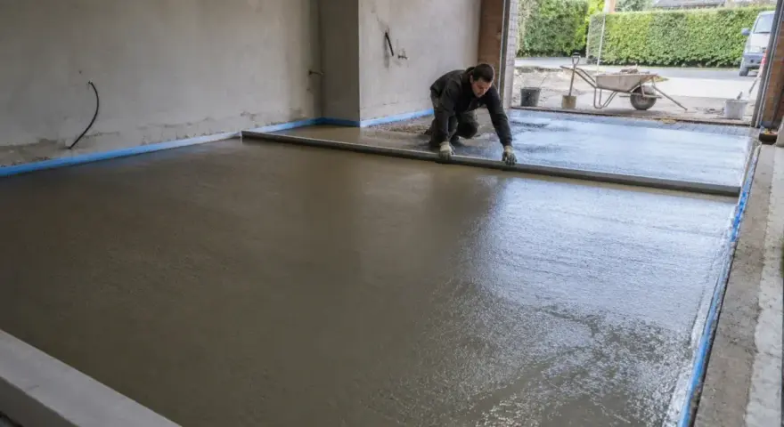 Pracownik wyrównuje świeżą wylewkę betonową na zewnątrz, przygotowując podjazd.