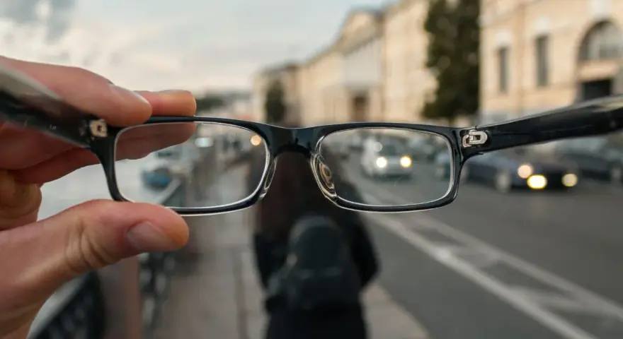 Okulary trzymane przed zamazanym miejskim tłem z samochodami.