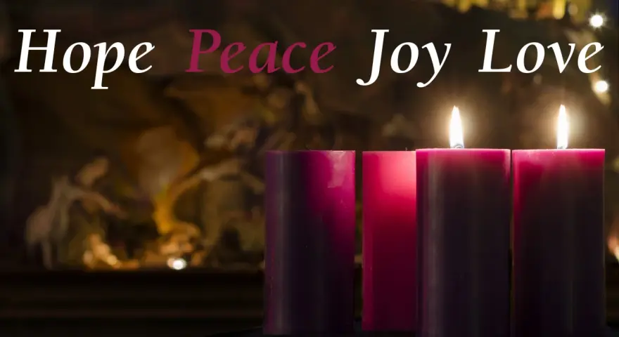 Three lit candles, representing the second week of Advent, glow with "Hope, Peace, Joy, Love" in elegant script.