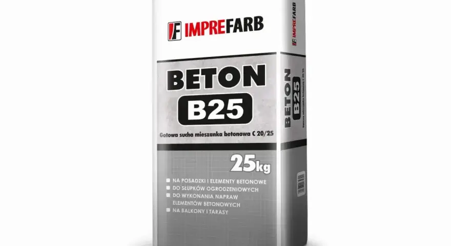 Worek betonu B25 Imprefarb 25kg. Zastanawiasz się, ile kosztuje worek cementu? Ten produkt jest idealny na posadzki, słupki ogrodzeniowe, balkony i tarasy.